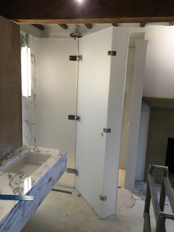 Bespoke frosted glass shower enclosure in Lewisham luxury bathroom